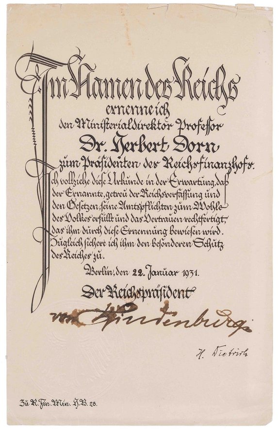 Urkunde zur Ernennung zum Präsidenten des Reichsfinanzhofs von Prof. Dr. Herbert Dorn 1931