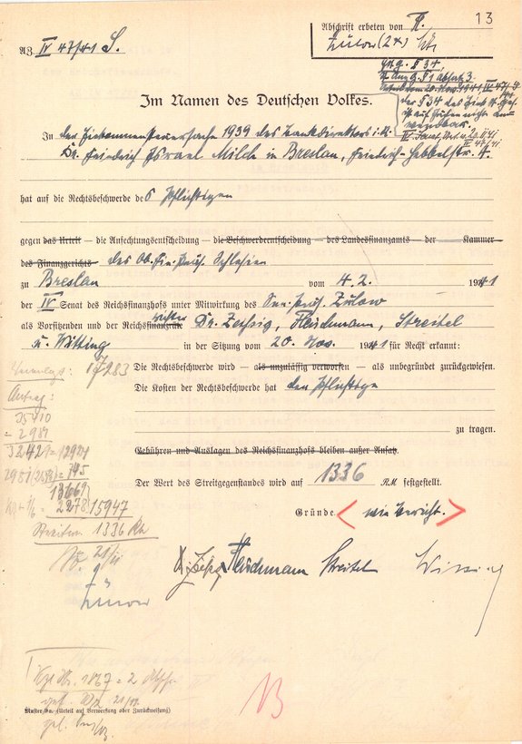 Urteil des RFH vom 20. November 1941, mit dem der IV. Senat die Rechtsbeschwerde von Dr. Friedrich Milch zurückweist