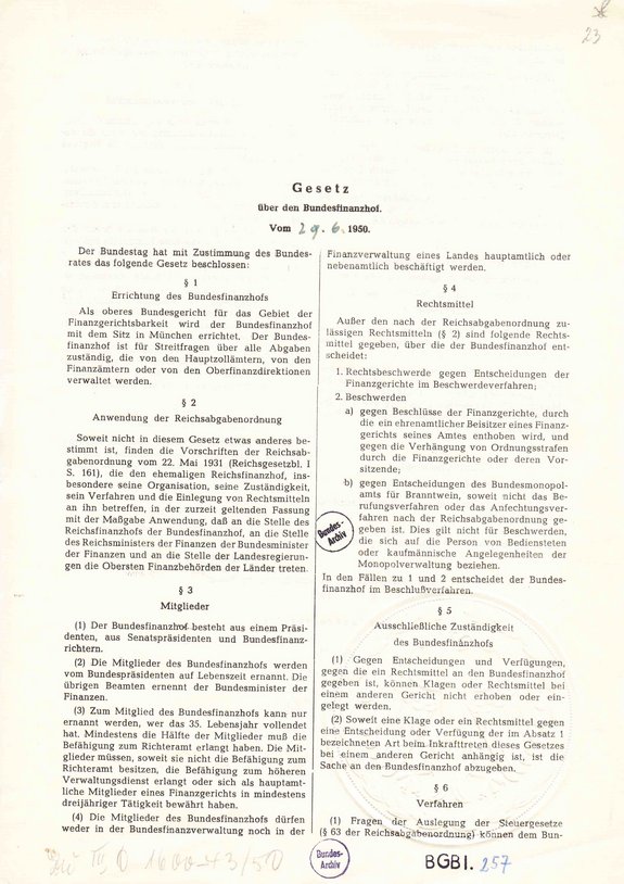 Gesetz über den Bundesfinanzhof vom 29. Juni 1950, BGBl. I S. 257