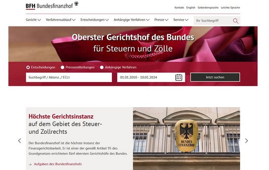 Screenshot der Homepage des Bundesfinanzhofs