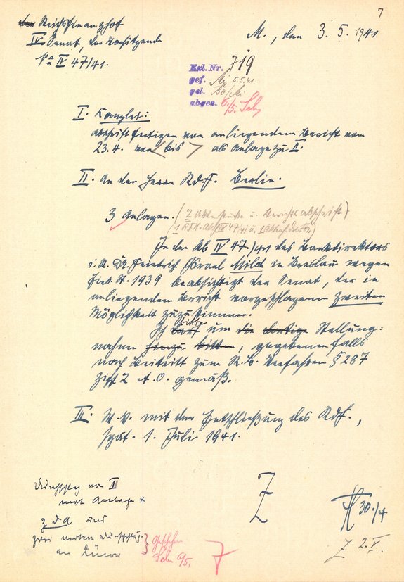 Reichsfinanzhof bittet Reichsfinanzministerium um Stellungnahme zu vorgesehener Entscheidung, Dr. Friedrich Milch Recht zu geben