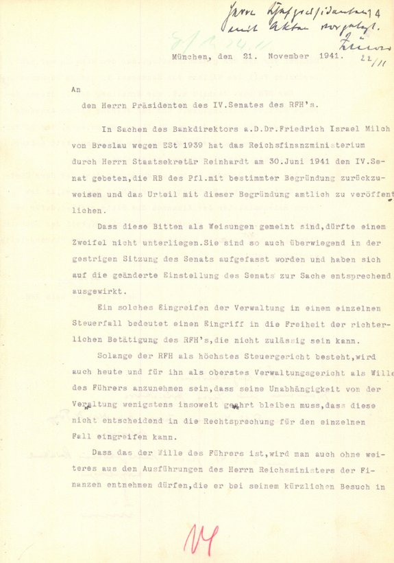 Bitte des Reichsrichters Dr. Karl Schefold an seinen Senatspräsidenten, den Reichsminister der Finanzen Graf Schwerin von Krosigk zum Schutz der richterlichen Unabhängigkeit hinzuzuziehen, Seite 1