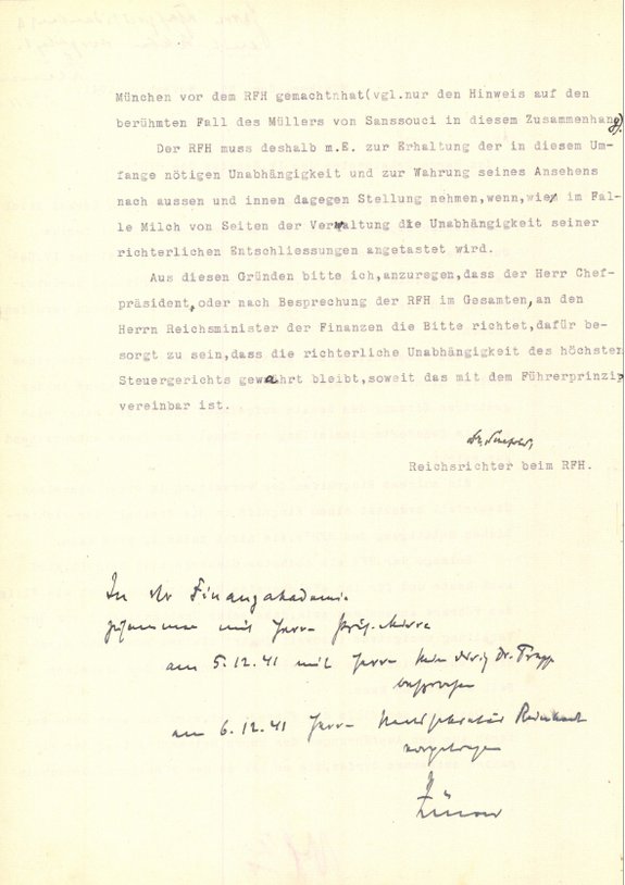 Bitte des Reichsrichters Dr. Karl Schefold an seinen Senatspräsidenten, den Reichsminister der Finanzen Graf Schwerin von Krosigk zum Schutz der richterlichen Unabhängigkeit hinzuzuziehen, Seite 2