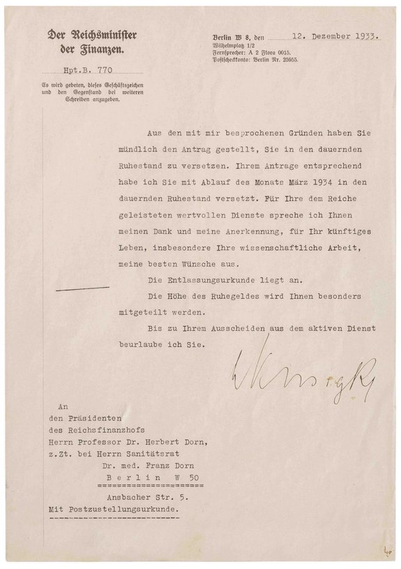 Schreiben zur Enlassung des Präsidenten des Reichsfinanzhofs Prof. Dr. Herbert Dorn 1933