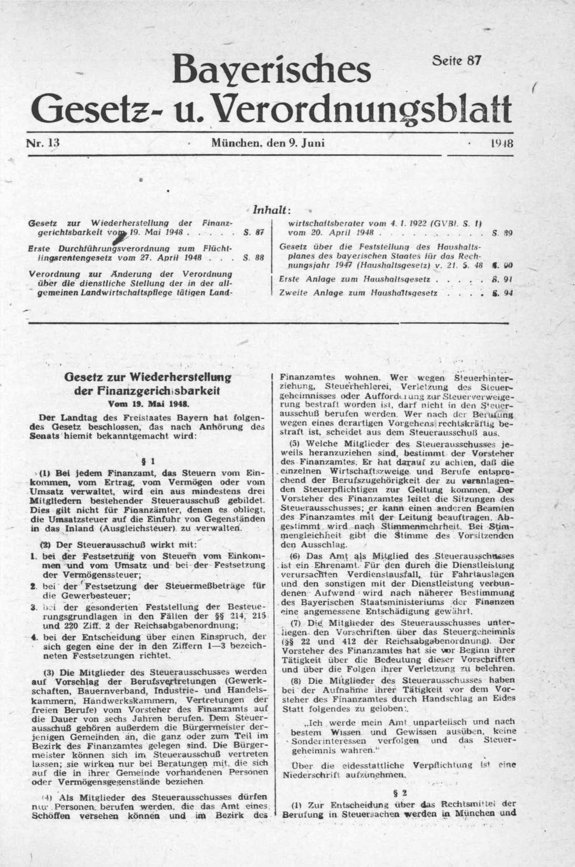 Gesetz zur Wiederherstellung der Finanzgerichtsbarkeit, Bayerisches Gesetz- und Verordnungsblatt, 1948, Nr. 13, S. 87