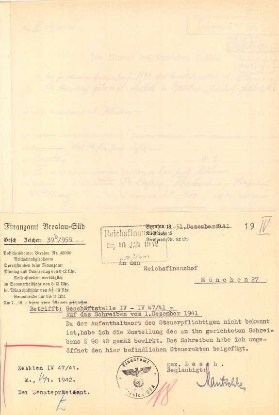 nicht zustellbarer Brief mit dem Vermerk "Empfänger unbekannt verzogen", der das Urteil von Ende November 1941 enthält