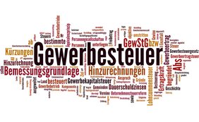 Wortwolke zum Thema Gewerbesteuer enthält "Bemessungsgrundlage", "Hinzurechnungen" und andere Begriffe