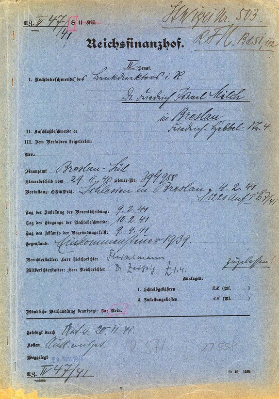 Aktendeckel zum Verfahren von Dr. Friedrich Milch 1941